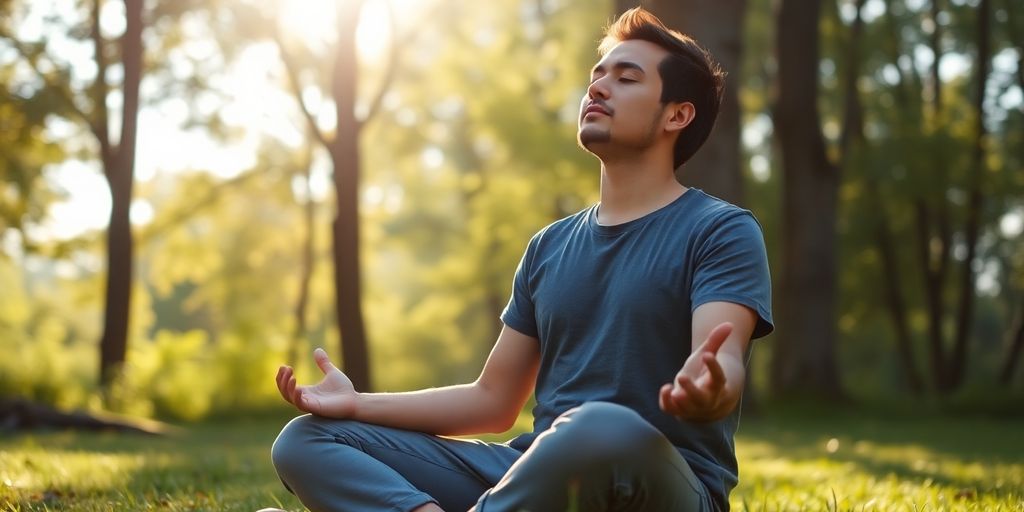 Rodič cvičí mindfulness v přírodě.